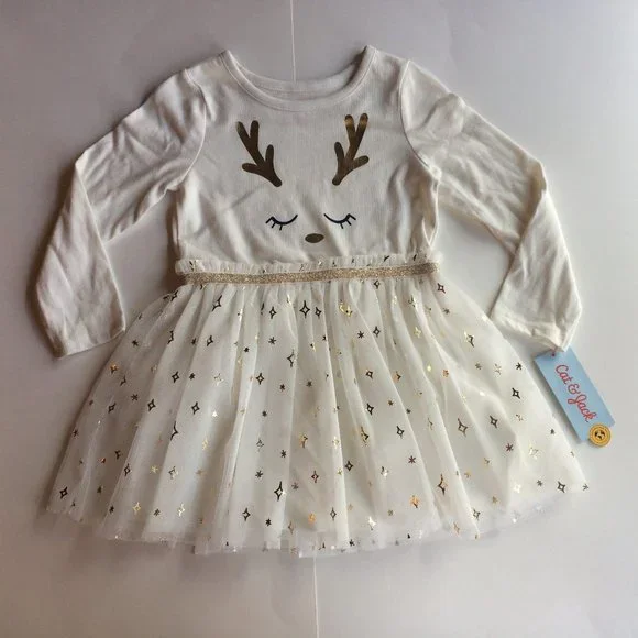 Cat & Jack | Dresses | New Christmas Reindeer Dress 3t Cream Gold Tutu  Skirt Ivory | Poshmark